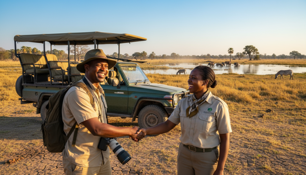safari operator shaking hand with a guest