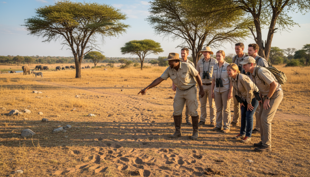 guest on a safari walk-Safari guide explaining animal tracks to travelers in Botswana’s wilderness, reflecting local expertise and insider access.