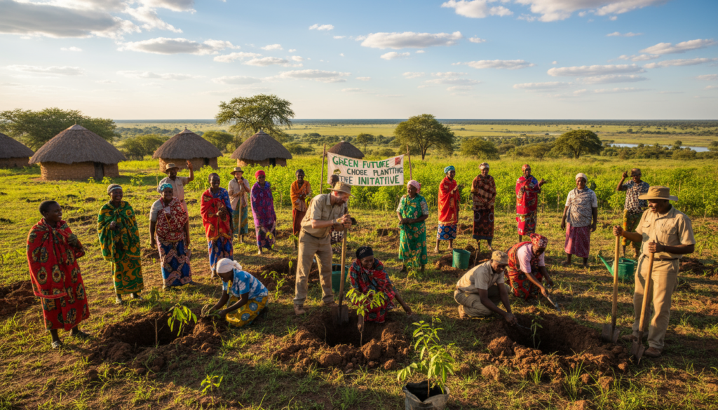 Safari operator and local community working on a conservation project in Botswana, promoting ethical travel.