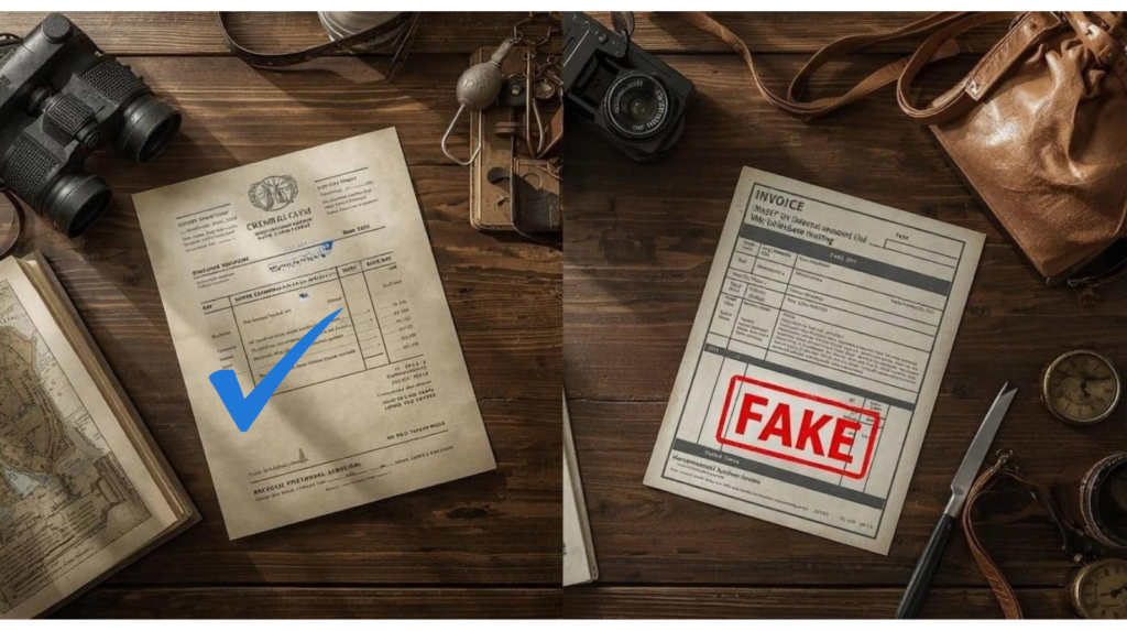 Comparison of real vs fake safari holiday invoice showing scam warning signs
