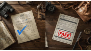 Comparison of real vs fake safari holiday invoice showing scam warning signs