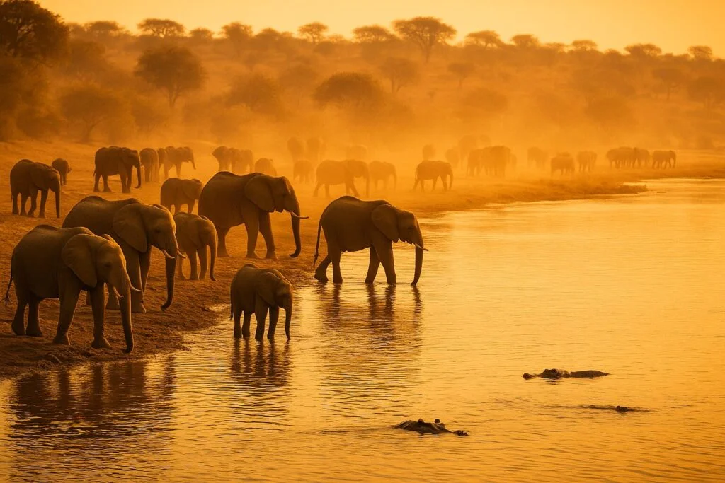 Elephants drinking water at a river in Botswana