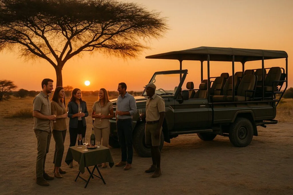 Safari truck with passengers on a game drive in Botswana