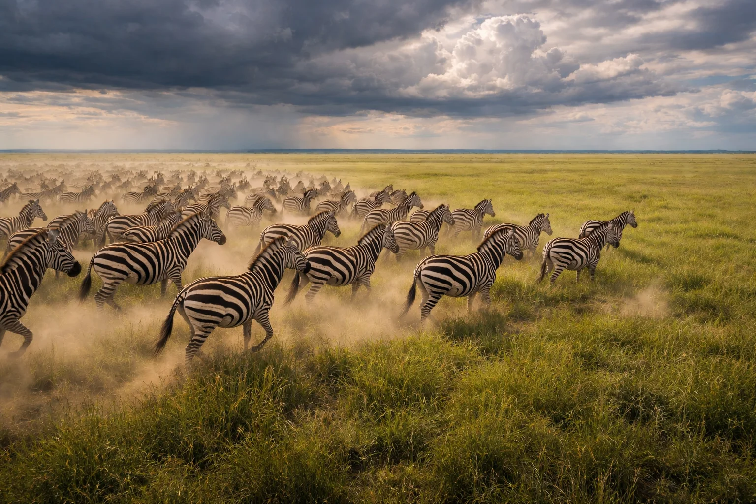zebras migrating through Makgadikgadi grassland