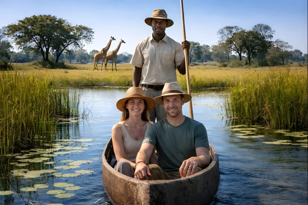 Mokoro canoe with two passengers on the Okavango Delta
