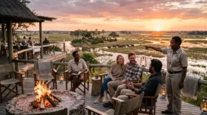 travelers relaxing at a safari lodge